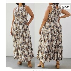 MAEVE  Snakeskin Print Maxi Dress Sleeveless Button Front Tiered Skirt High Neck